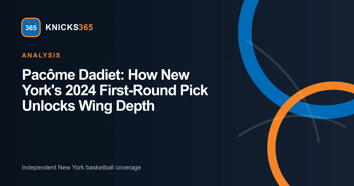Pacôme Dadiet Knicks wing depth analysis graphic featuring Knicks365 geometric basketball motifs in blue and orange
