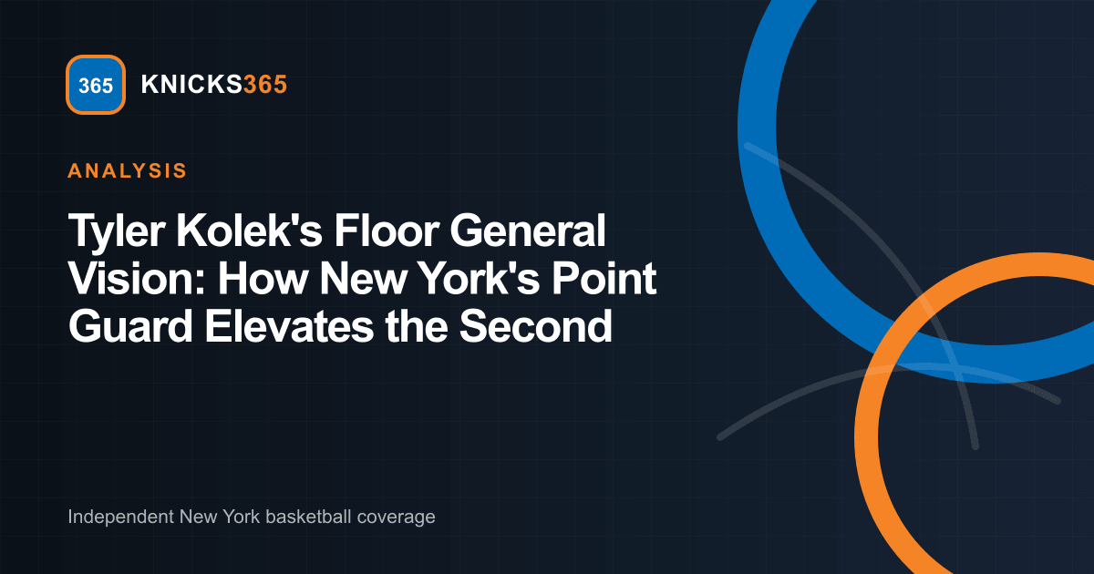 Tyler Kolek Floor General Vision graphic featuring Knicks365 geometric basketball motifs in blue and orange