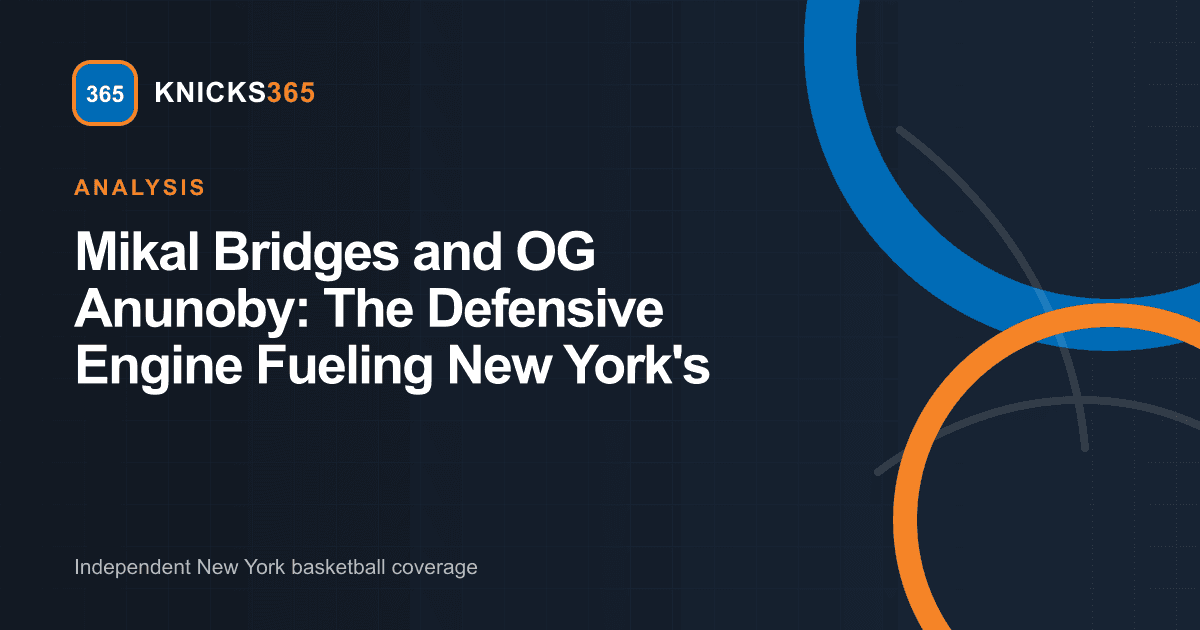 Branded graphic analyzing Mikal Bridges and OG Anunoby as the defensive engine for the New York Knicks