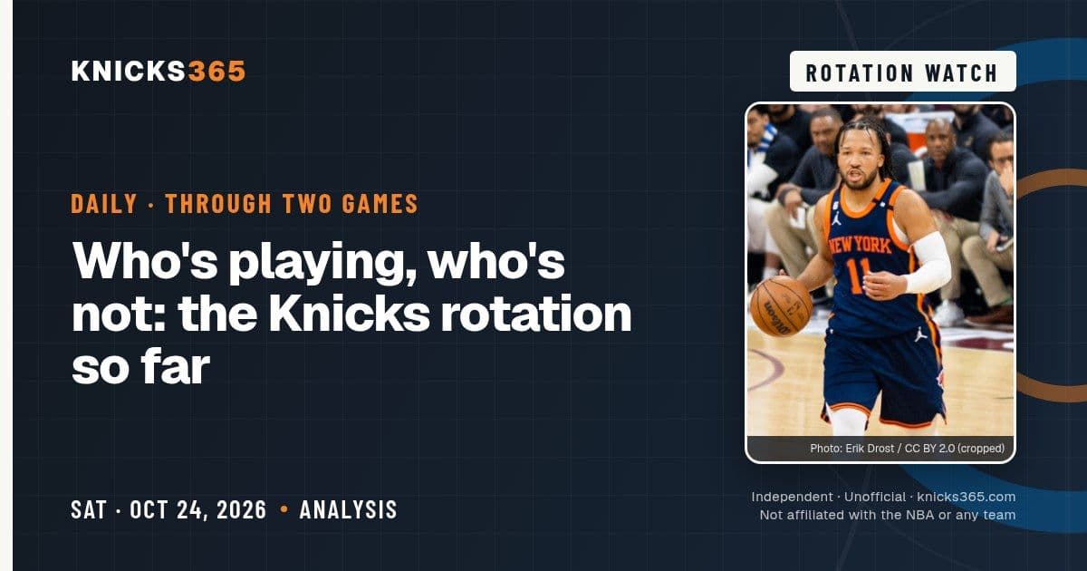 Knicks365 Rotation Watch graphic: who's playing, who's not through two games, with a photo of Jalen Brunson in a Knicks jersey. Photo: Erik Drost / CC BY 2.0 (cropped)