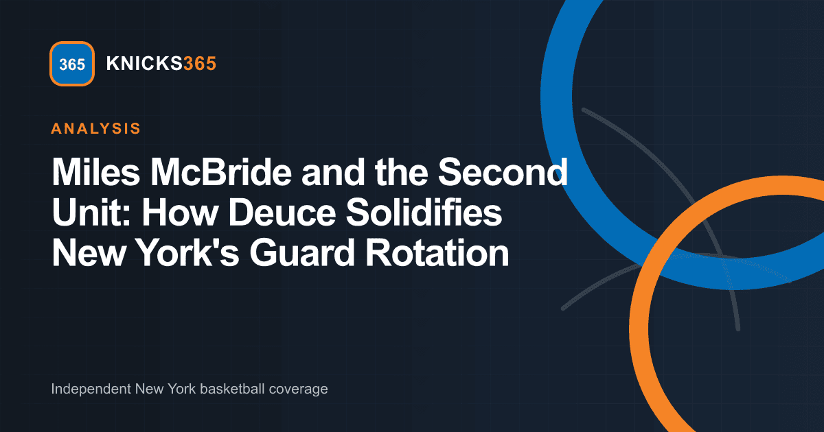 Miles McBride and the Second Unit graphic featuring Knicks365 geometric basketball motifs in blue and orange