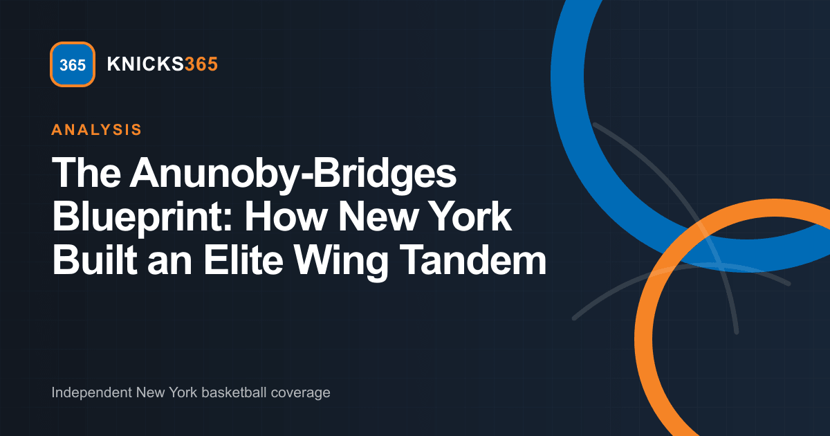 The Anunoby-Bridges Blueprint graphic featuring Knicks365 geometric basketball motifs in blue and orange