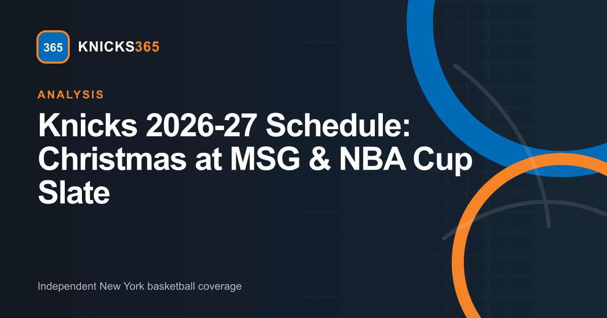 Knicks 2026-27 regular season schedule breakdown graphic with abstract basketball geometry in blue and orange