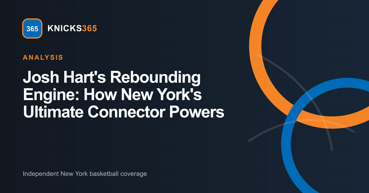 Josh Hart Rebounding Engine graphic featuring Knicks365 geometric basketball motifs in blue and orange