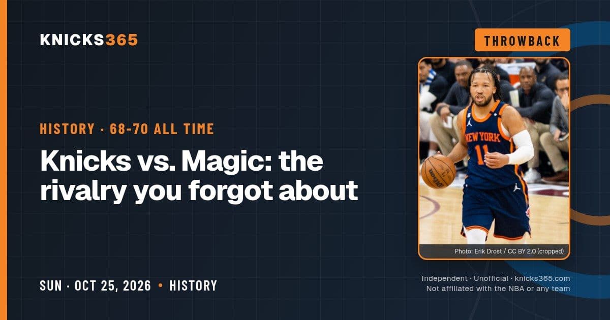 Knicks365 Throwback graphic: Knicks vs. Magic, the rivalry you forgot about, 68-70 all time, with a photo of Jalen Brunson in a Knicks jersey. Photo: Erik Drost / CC BY 2.0 (cropped)