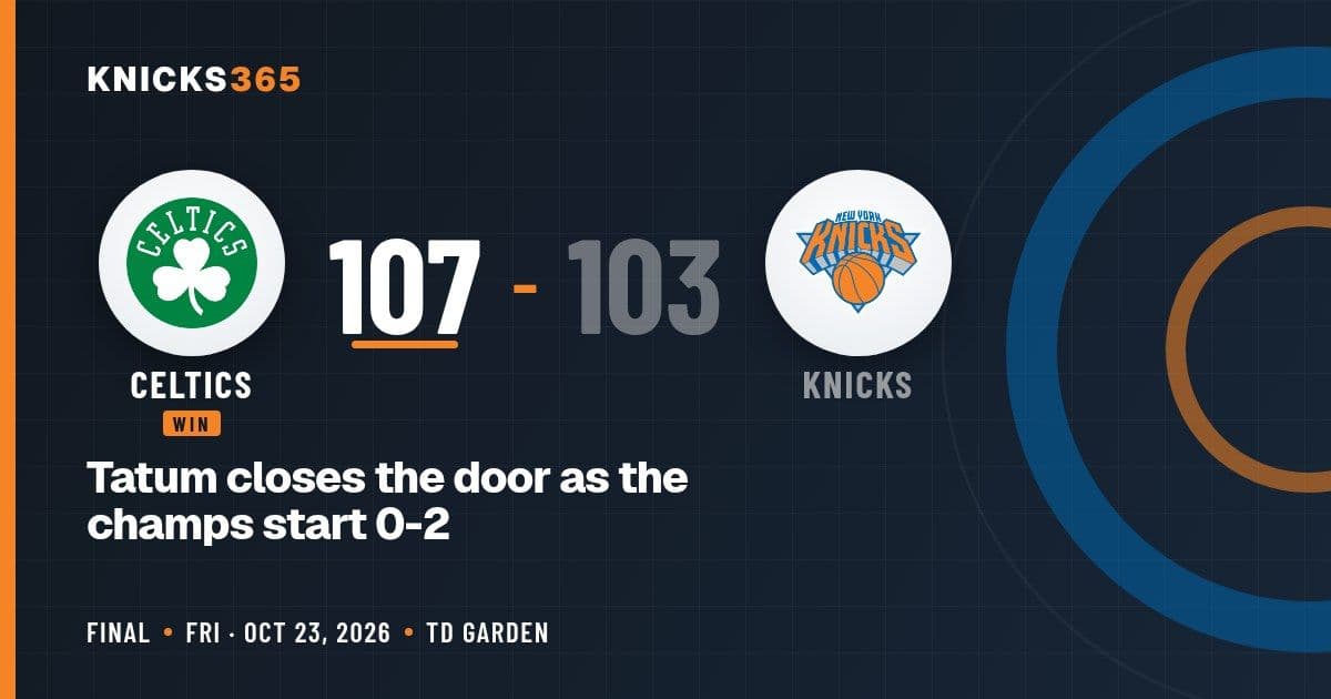 Knicks365 Morning After graphic: Celtics 107, Knicks 103 final, with the Celtics and Knicks team logos.