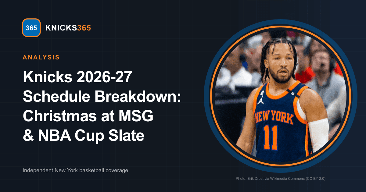 Knicks 2026-27 regular season schedule breakdown featuring Jalen Brunson with Knicks365 brand graphics (Photo: Erik Drost via Wikimedia Commons CC BY 2.0)