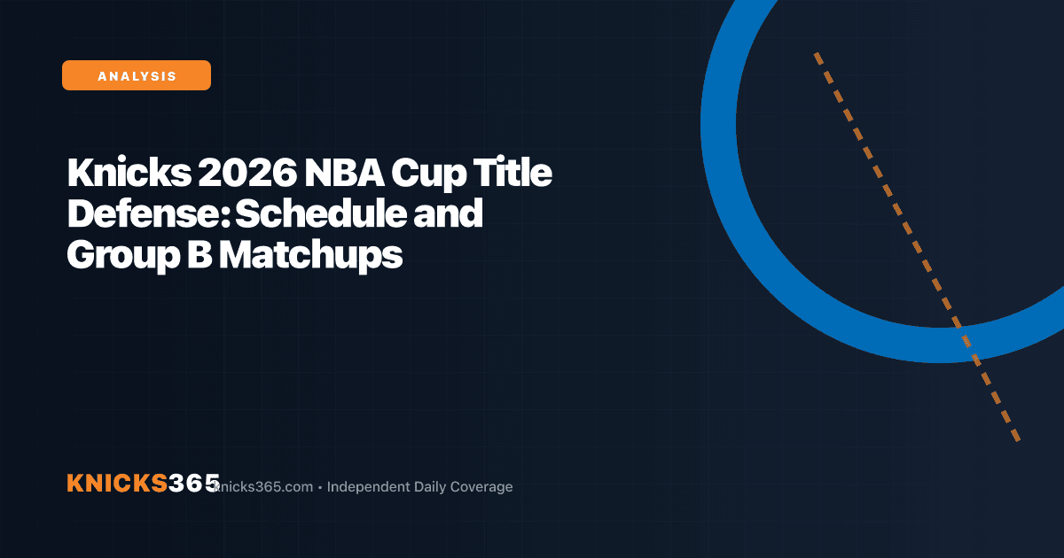 Graphic previewing the New York Knicks 2026 NBA Cup schedule and East Group B matchups with brand geometry