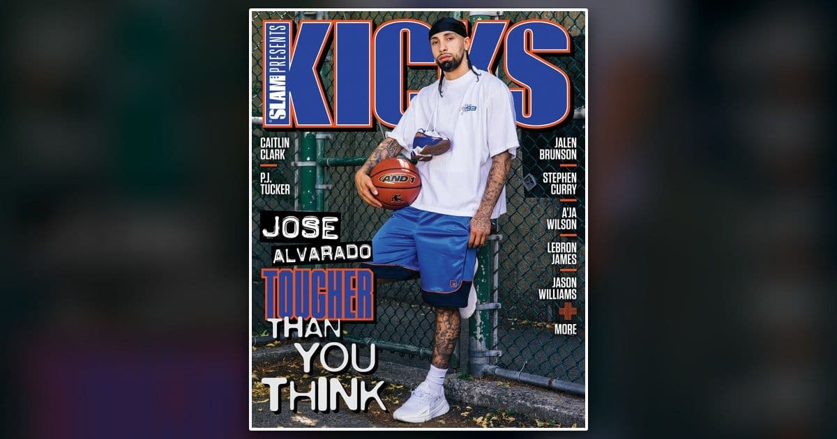 The actual KICKS 29 magazine cover featuring Knicks guard Jose Alvarado in AND1 shoes on an outdoor basketball court, courtesy of SLAM