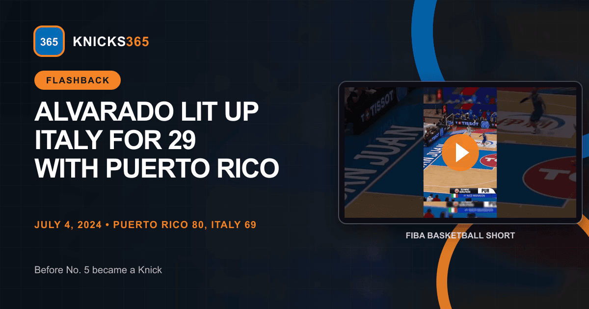 Knicks365 flashback graphic using the FIBA Basketball YouTube thumbnail from Jose Alvarado's 2024 Puerto Rico highlights against Italy