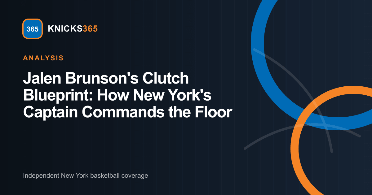 Jalen Brunson Clutch Blueprint graphic featuring Knicks365 geometric basketball motifs in blue and orange