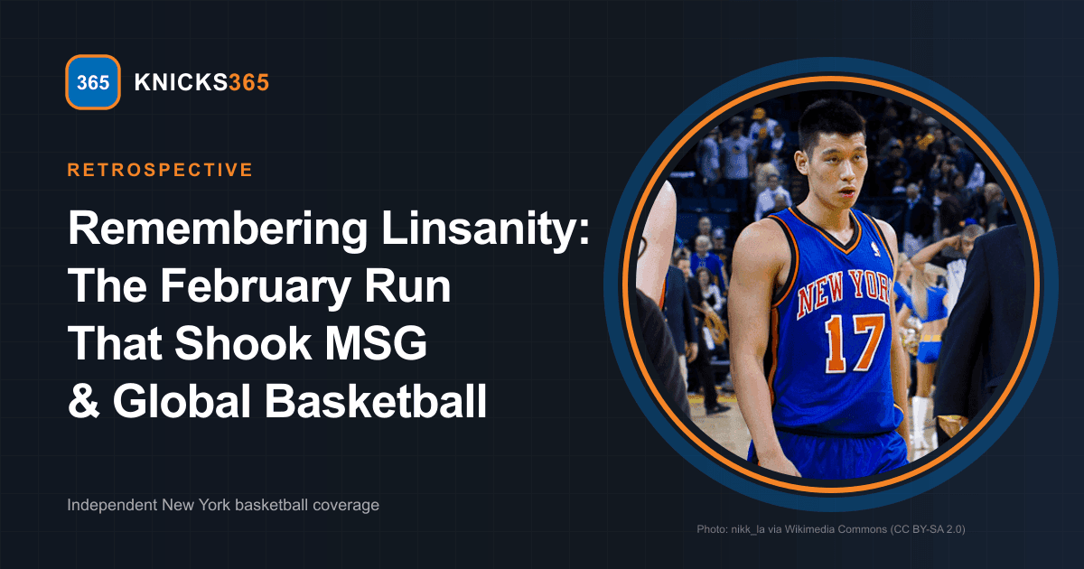 Jeremy Lin during his iconic 2012 Knicks tenure with Knicks365 geometric branding (Photo: nikk_la via Wikimedia Commons CC BY-SA 2.0)