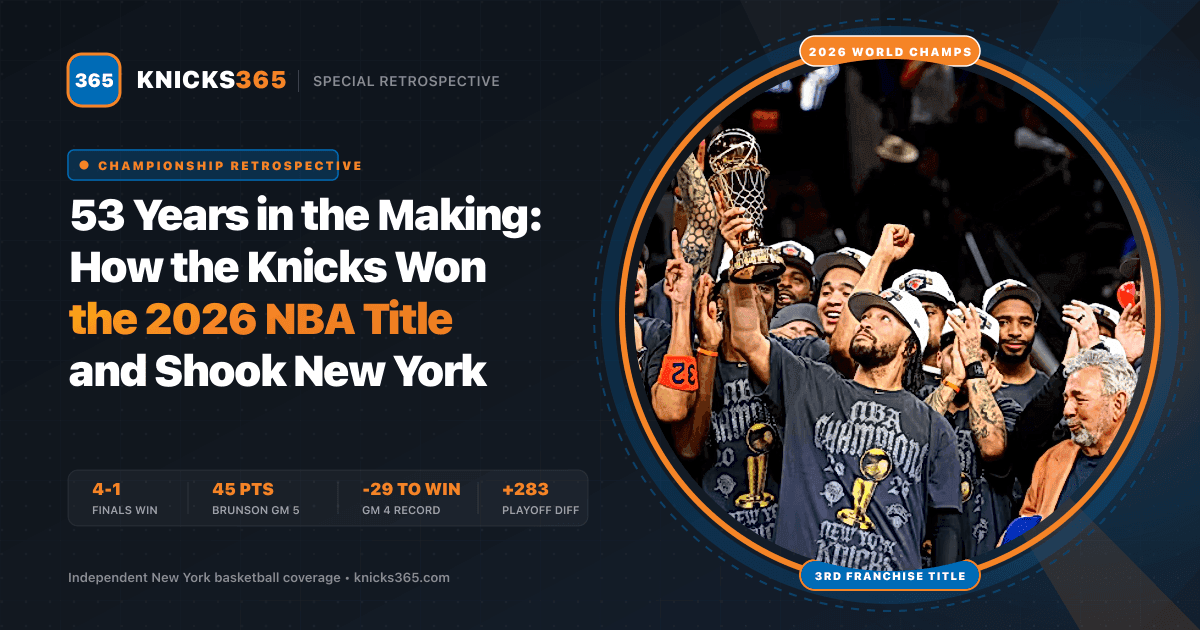 New York Knicks 2026 NBA Championship trophy celebration illustration featuring Jalen Brunson and team