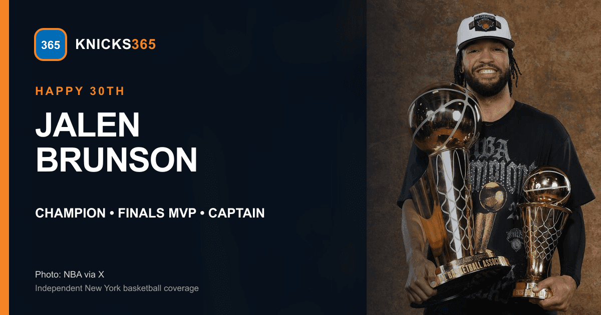 Jalen Brunson in the NBA's championship photo for his 30th birthday, presented in a Knicks365 cover graphic with photo attribution to NBA via X