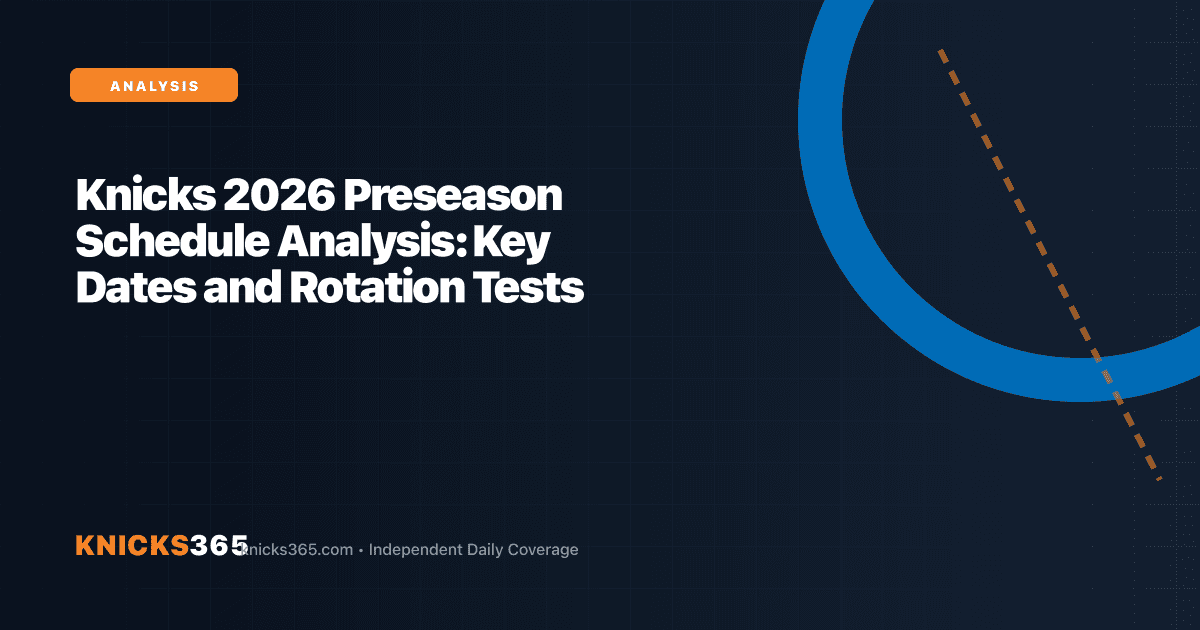 Graphic previewing the New York Knicks 2026 preseason schedule and rotation tests with brand basketball geometry