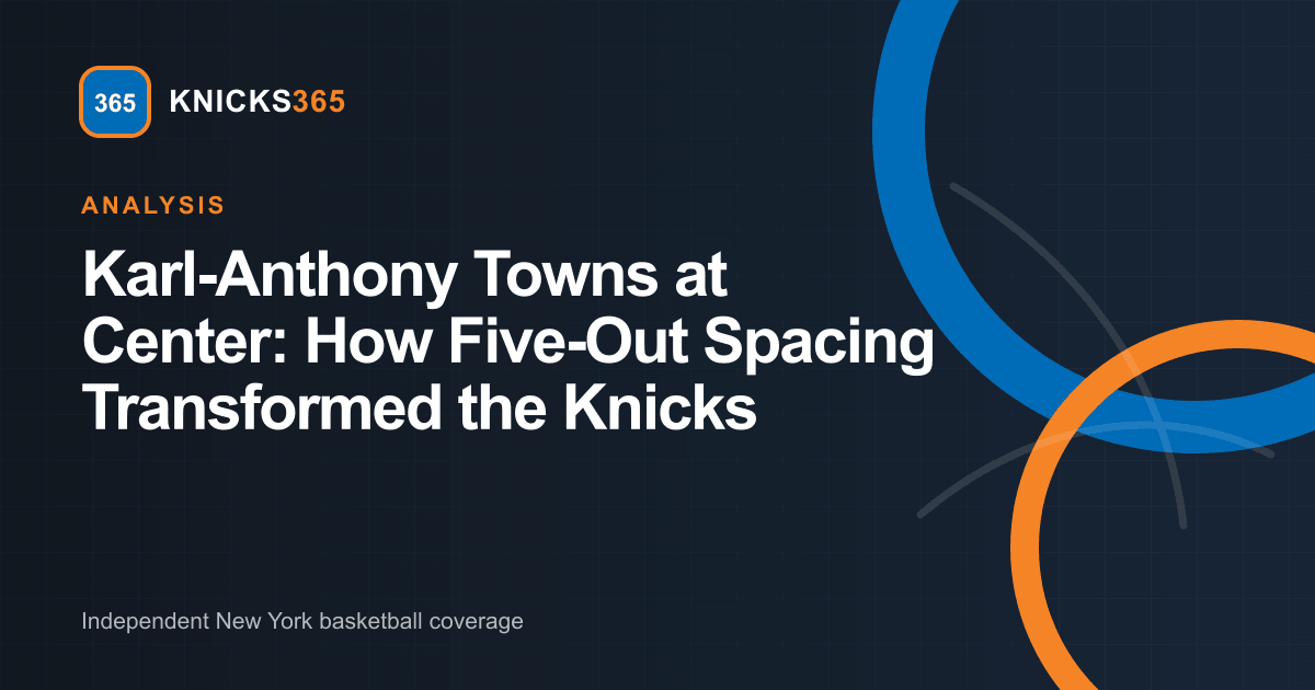 Karl-Anthony Towns at Center graphic featuring Knicks365 geometric basketball motifs in blue and orange